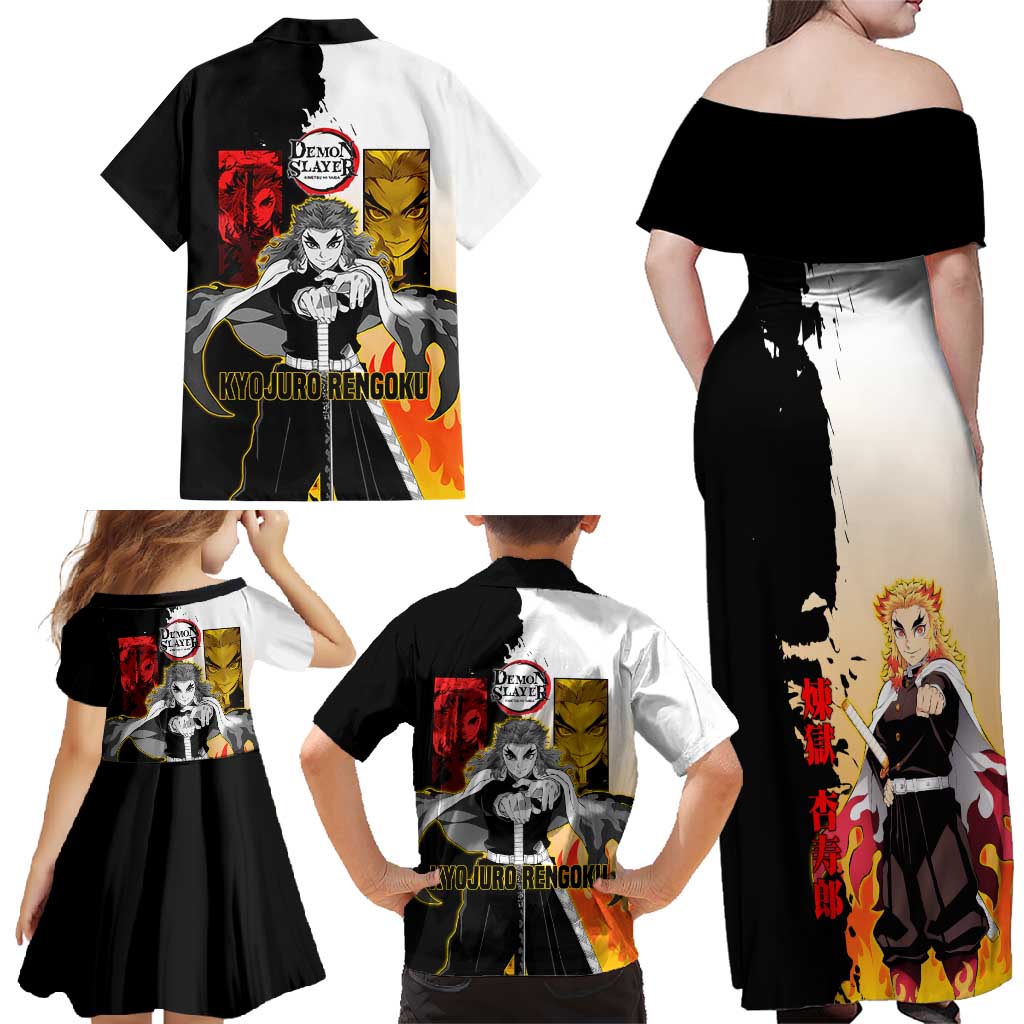 Kyojuro Rengoku from Demon Slayer Family Matching Off Shoulder Maxi Dress and Hawaiian Shirt with Black and White Split Design and Fiery Manga Panel Background - The Mazicc