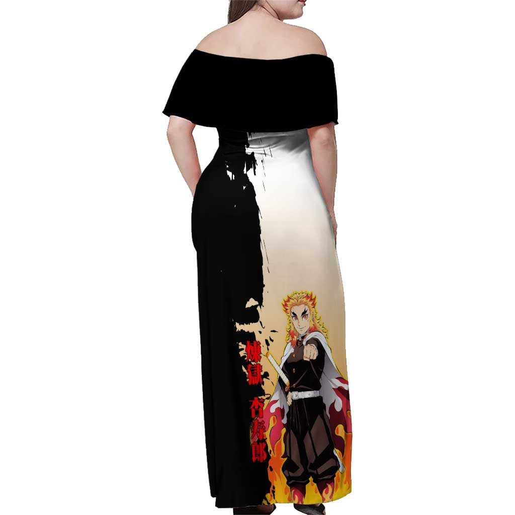 Kyojuro Rengoku from Demon Slayer Family Matching Off Shoulder Maxi Dress and Hawaiian Shirt with Black and White Split Design and Fiery Manga Panel Background - The Mazicc