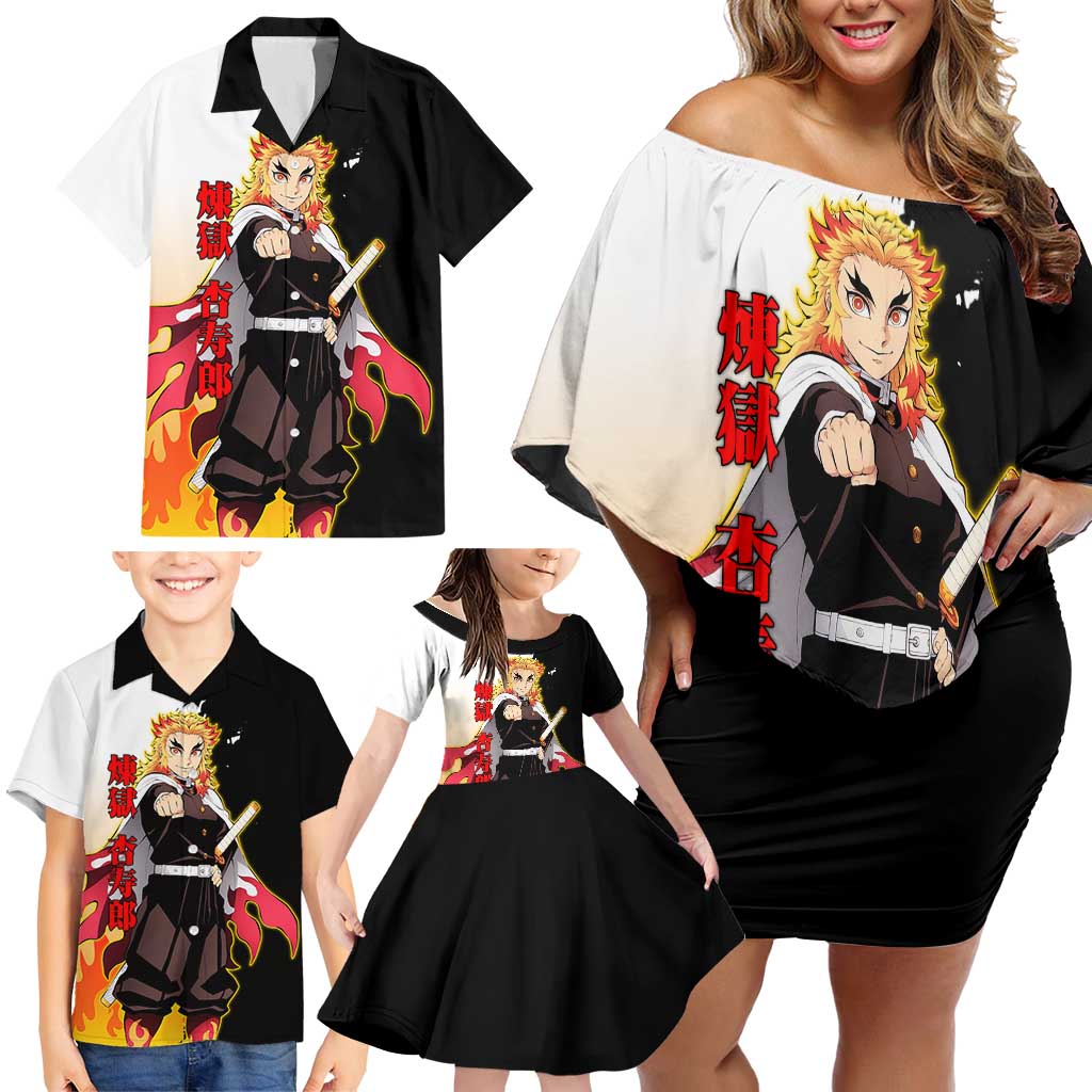 Kyojuro Rengoku from Demon Slayer Family Matching Off Shoulder Short Dress and Hawaiian Shirt with Black and White Split Design and Fiery Manga Panel Background - The Mazicc