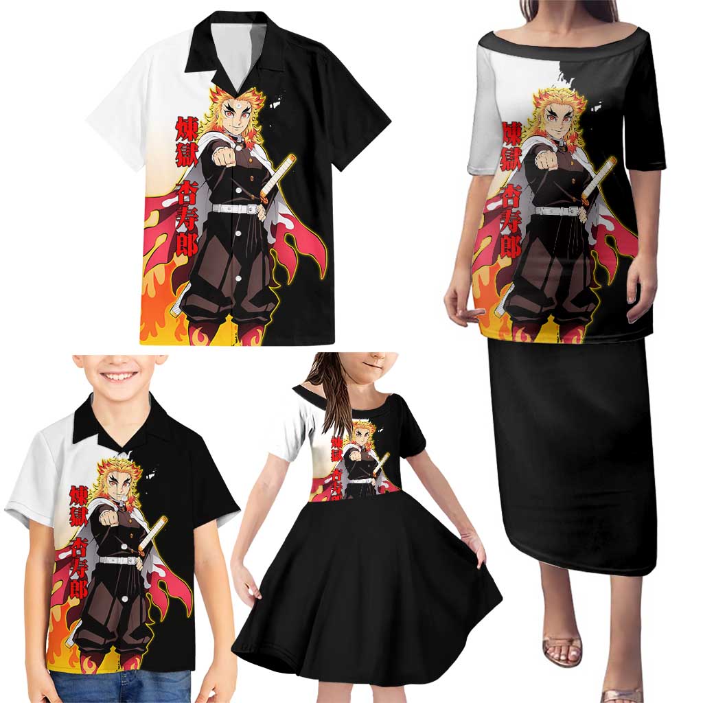 Kyojuro Rengoku from Demon Slayer Family Matching Puletasi and Hawaiian Shirt with Black and White Split Design and Fiery Manga Panel Background - The Mazicc