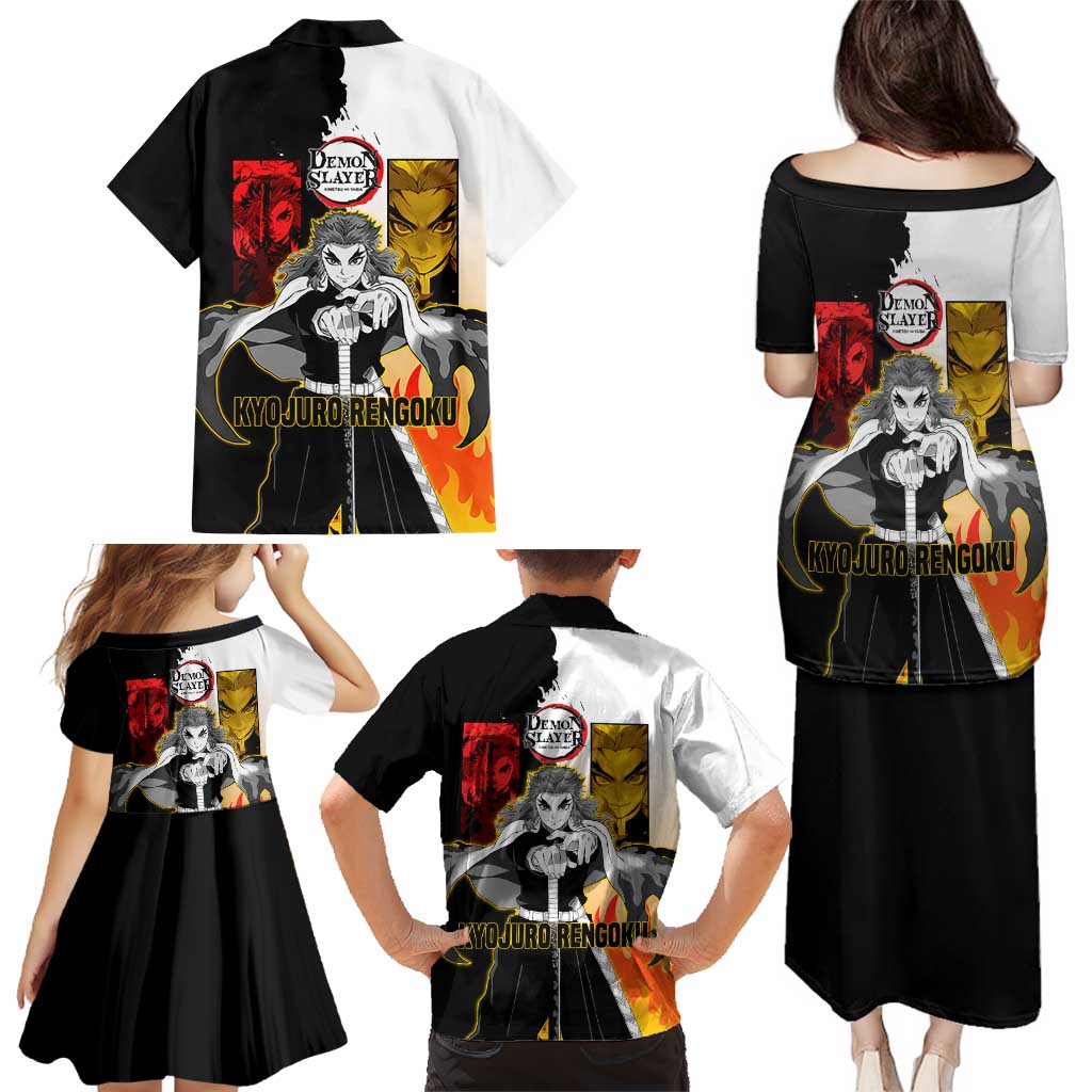 Kyojuro Rengoku from Demon Slayer Family Matching Puletasi and Hawaiian Shirt with Black and White Split Design and Fiery Manga Panel Background - The Mazicc