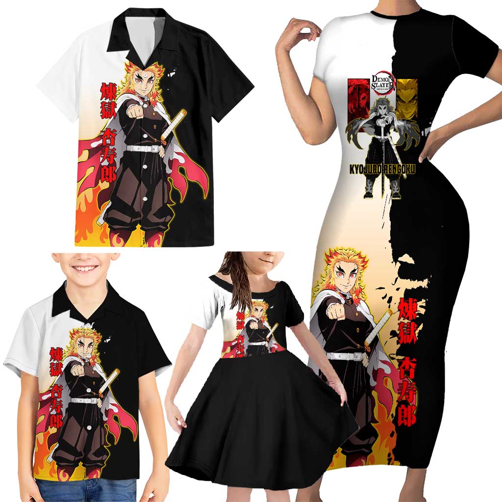 Kyojuro Rengoku from Demon Slayer Family Matching Short Sleeve Bodycon Dress and Hawaiian Shirt with Black and White Split Design and Fiery Manga Panel Background - The Mazicc
