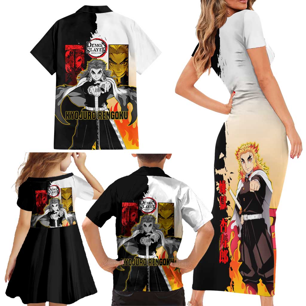 Kyojuro Rengoku from Demon Slayer Family Matching Short Sleeve Bodycon Dress and Hawaiian Shirt with Black and White Split Design and Fiery Manga Panel Background - The Mazicc