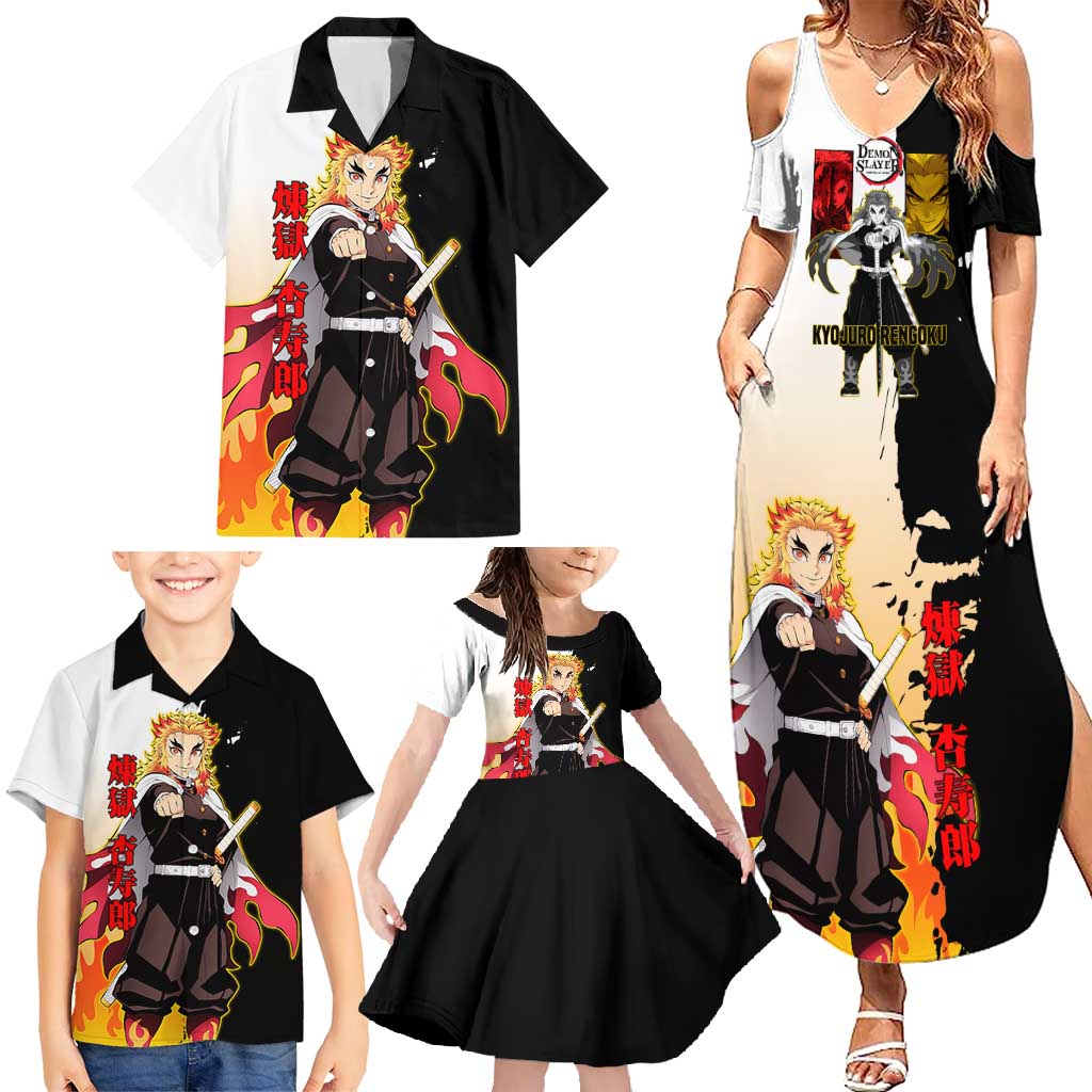Kyojuro Rengoku from Demon Slayer Family Matching Summer Maxi Dress and Hawaiian Shirt with Black and White Split Design and Fiery Manga Panel Background - The Mazicc