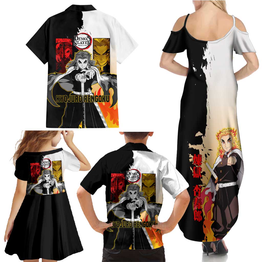 Kyojuro Rengoku from Demon Slayer Family Matching Summer Maxi Dress and Hawaiian Shirt with Black and White Split Design and Fiery Manga Panel Background - The Mazicc