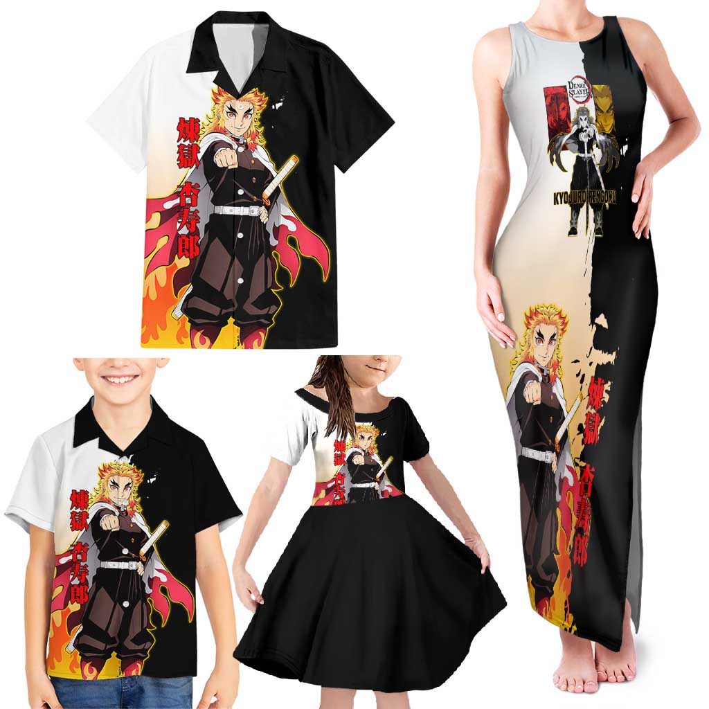 Kyojuro Rengoku from Demon Slayer Family Matching Tank Maxi Dress and Hawaiian Shirt with Black and White Split Design and Fiery Manga Panel Background - The Mazicc