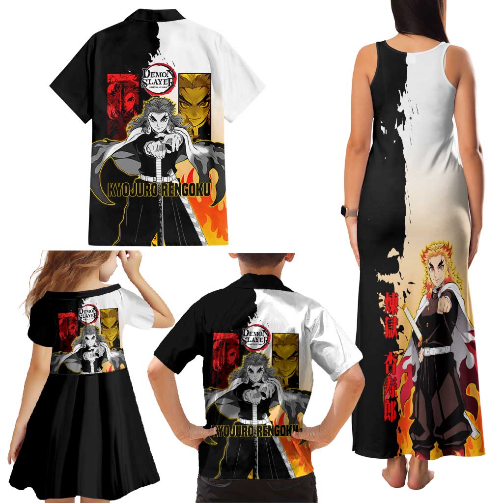 Kyojuro Rengoku from Demon Slayer Family Matching Tank Maxi Dress and Hawaiian Shirt with Black and White Split Design and Fiery Manga Panel Background - The Mazicc