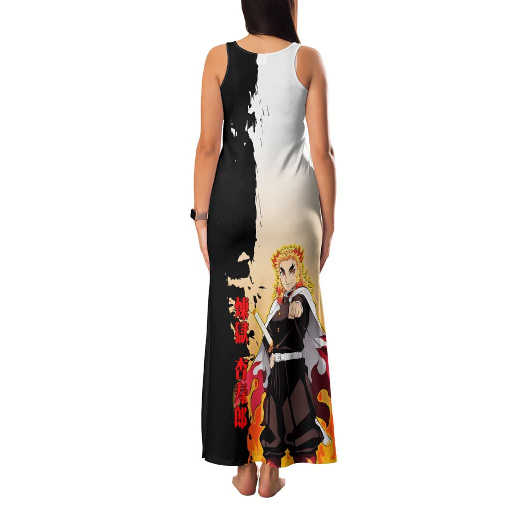 Kyojuro Rengoku from Demon Slayer Family Matching Tank Maxi Dress and Hawaiian Shirt with Black and White Split Design and Fiery Manga Panel Background - The Mazicc