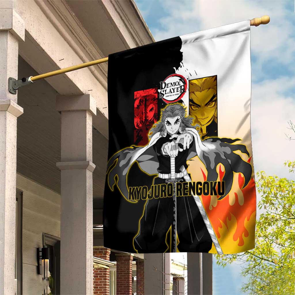 Kyojuro Rengoku from Demon Slayer Garden Flag with Black and White Split Design and Fiery Manga Panel Background - The Mazicc