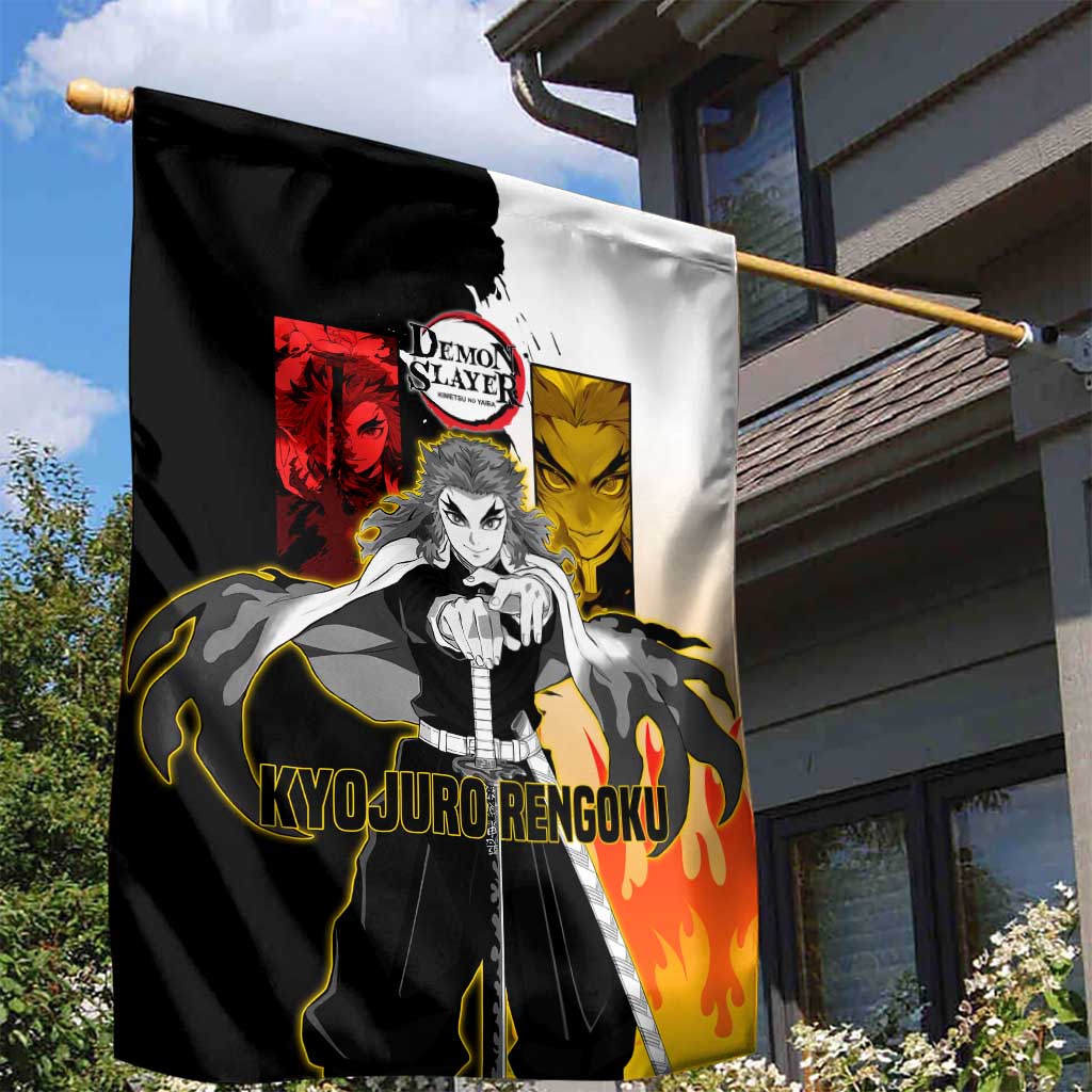 Kyojuro Rengoku from Demon Slayer Garden Flag with Black and White Split Design and Fiery Manga Panel Background - The Mazicc