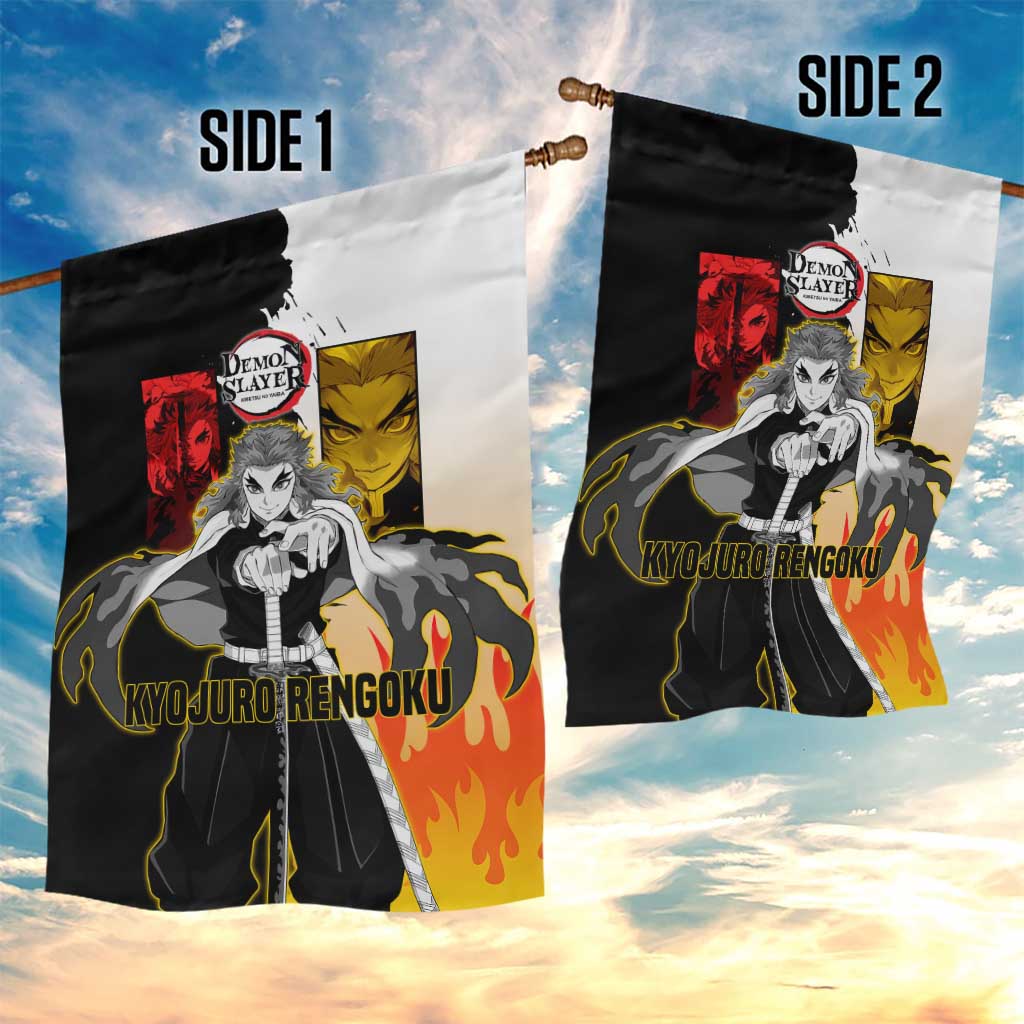 Kyojuro Rengoku from Demon Slayer Garden Flag with Black and White Split Design and Fiery Manga Panel Background - The Mazicc