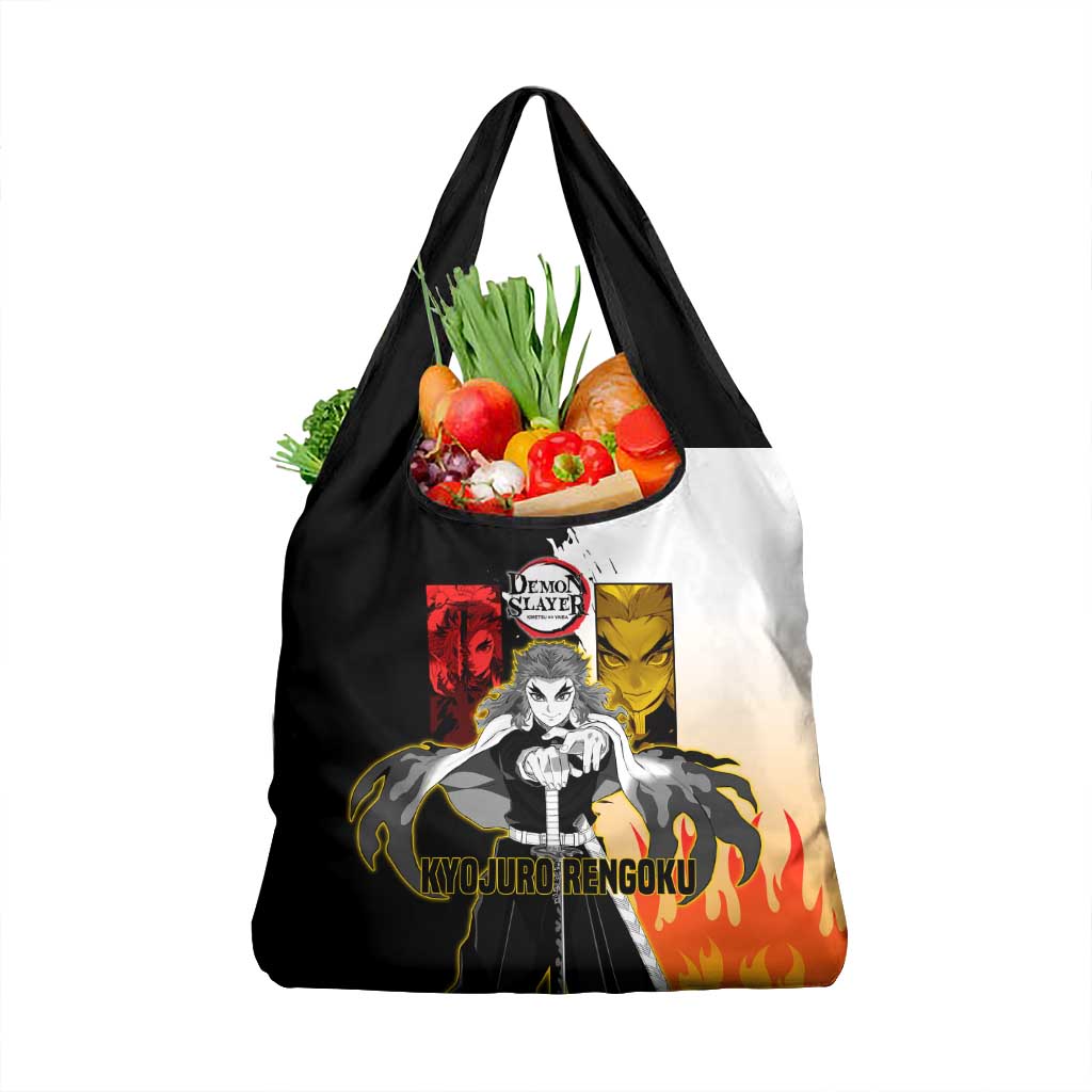Kyojuro Rengoku from Demon Slayer Grocery Bag with Black and White Split Design and Fiery Manga Panel Background - The Mazicc