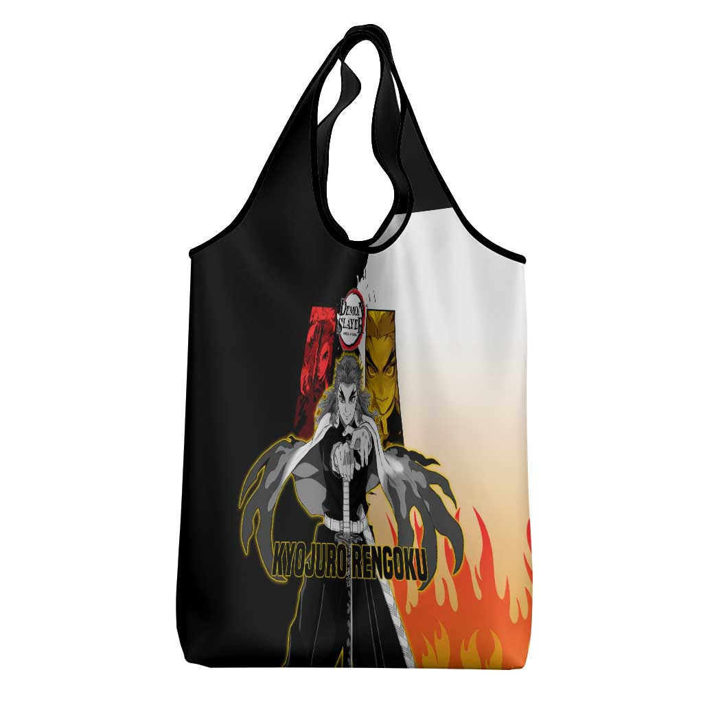 Kyojuro Rengoku from Demon Slayer Grocery Bag with Black and White Split Design and Fiery Manga Panel Background - The Mazicc