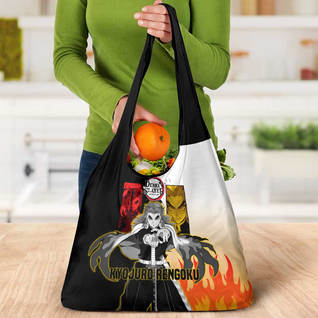 Kyojuro Rengoku from Demon Slayer Grocery Bag with Black and White Split Design and Fiery Manga Panel Background - The Mazicc
