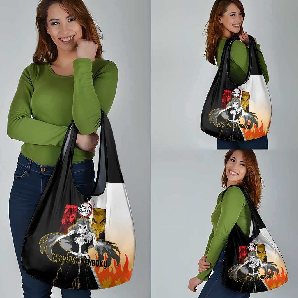 Kyojuro Rengoku from Demon Slayer Grocery Bag with Black and White Split Design and Fiery Manga Panel Background - The Mazicc