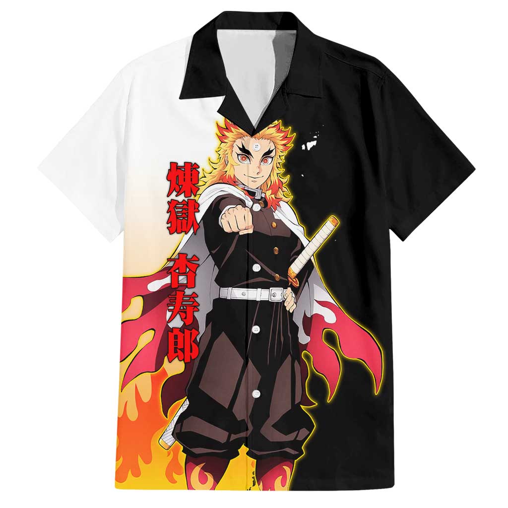 Kyojuro Rengoku from Demon Slayer Hawaiian Shirt with Black and White Split Design and Fiery Manga Panel Background - The Mazicc