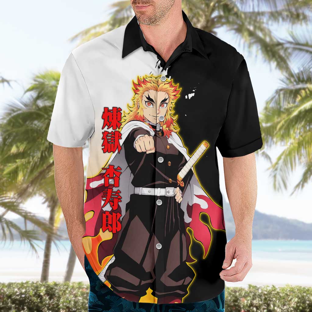 Kyojuro Rengoku from Demon Slayer Hawaiian Shirt with Black and White Split Design and Fiery Manga Panel Background - The Mazicc
