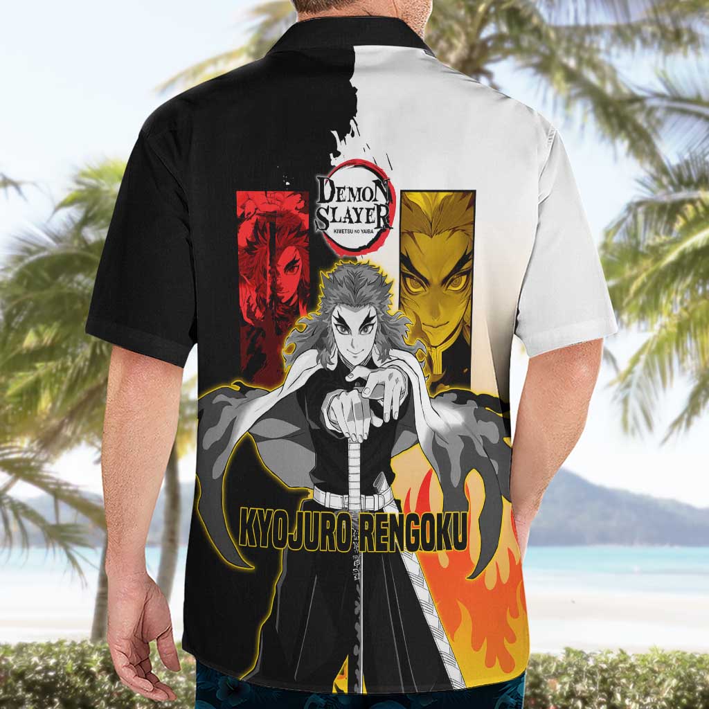 Kyojuro Rengoku from Demon Slayer Hawaiian Shirt with Black and White Split Design and Fiery Manga Panel Background - The Mazicc