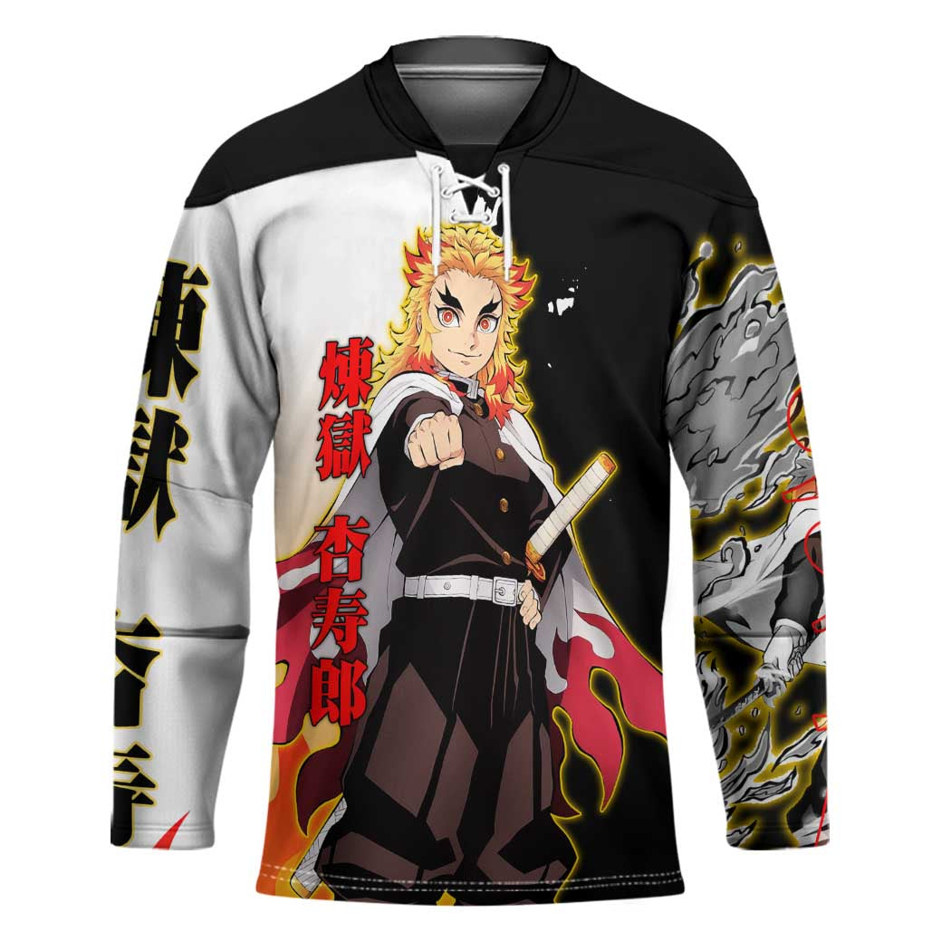 Kyojuro Rengoku from Demon Slayer Hockey Jersey with Black and White Split Design and Fiery Manga Panel Background - The Mazicc