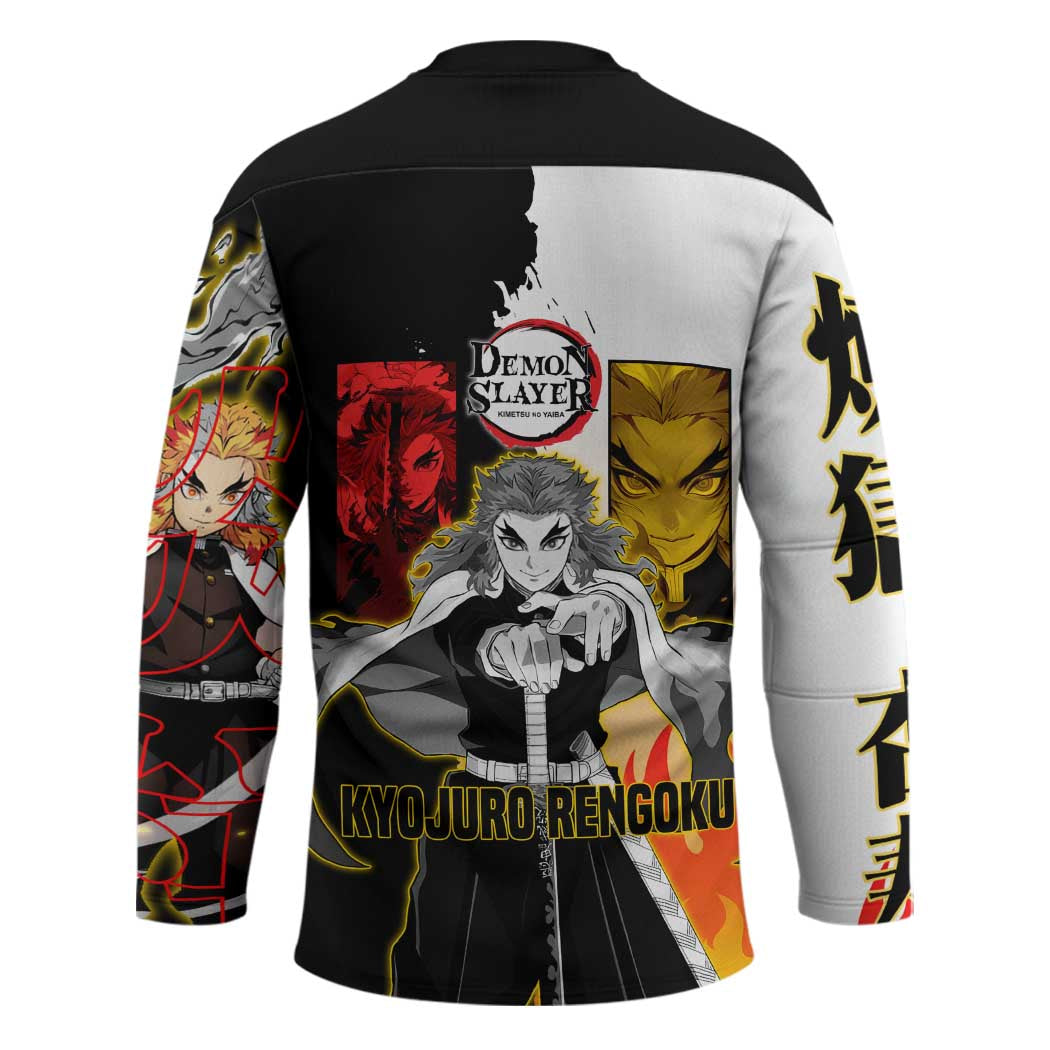 Kyojuro Rengoku from Demon Slayer Hockey Jersey with Black and White Split Design and Fiery Manga Panel Background - The Mazicc