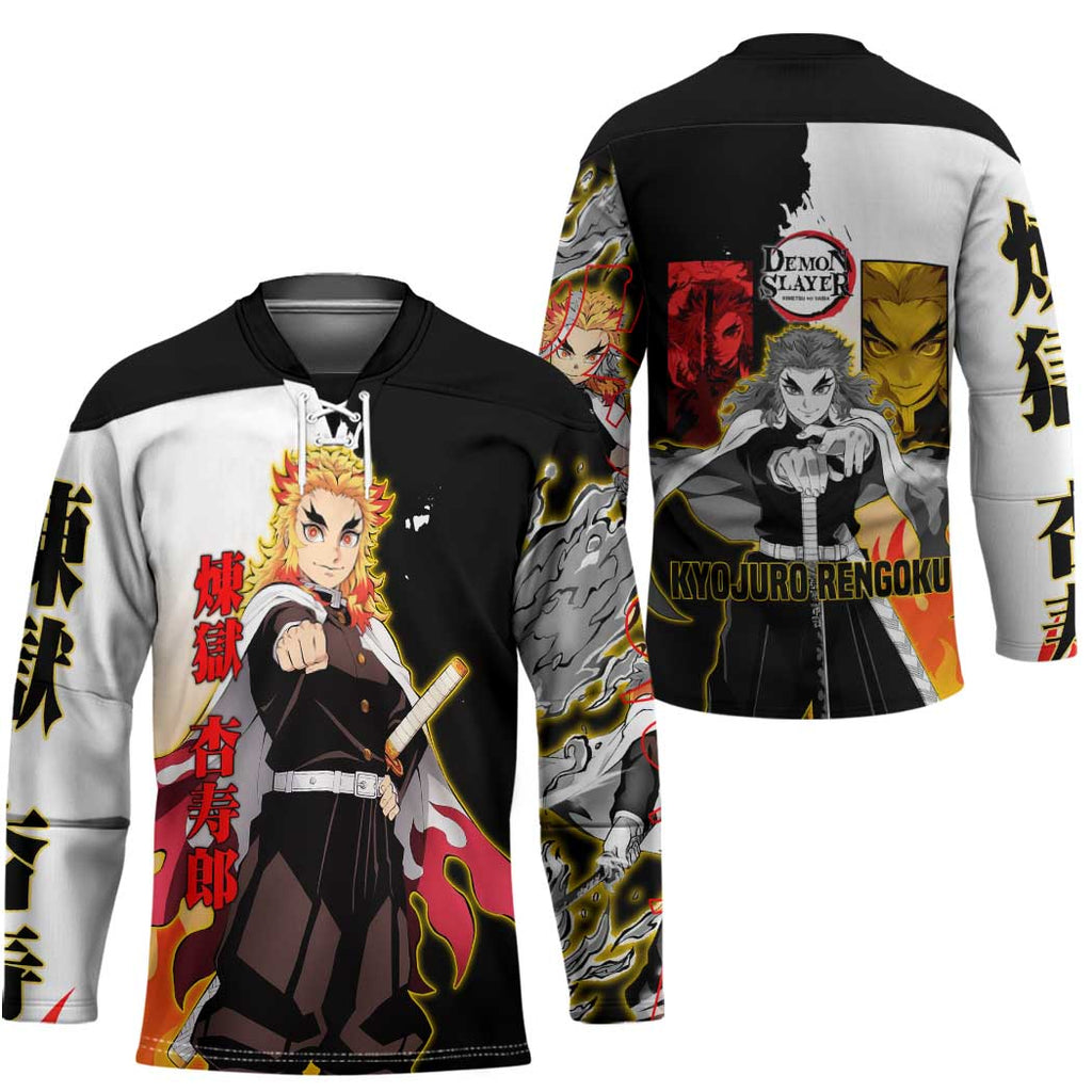 Kyojuro Rengoku from Demon Slayer Hockey Jersey with Black and White Split Design and Fiery Manga Panel Background - The Mazicc