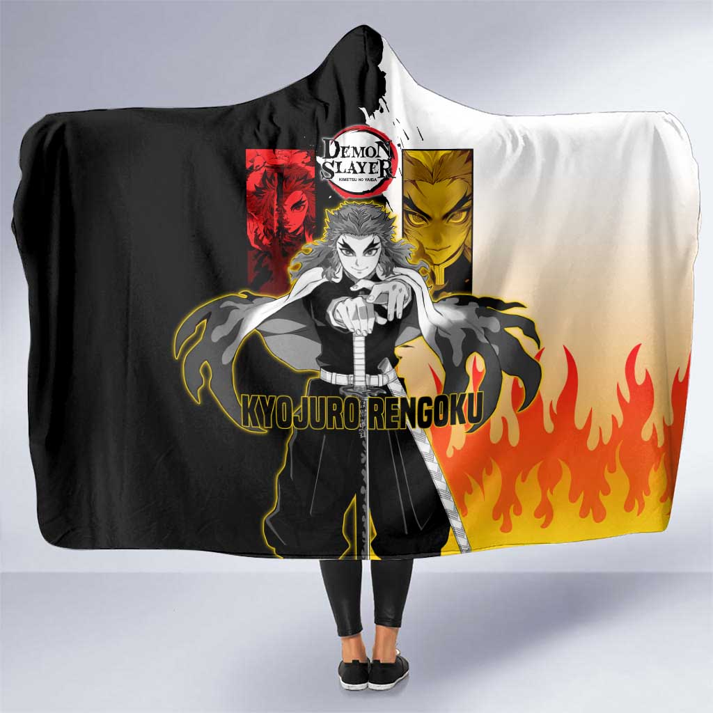 Kyojuro Rengoku from Demon Slayer Hooded Blanket with Black and White Split Design and Fiery Manga Panel Background - The Mazicc
