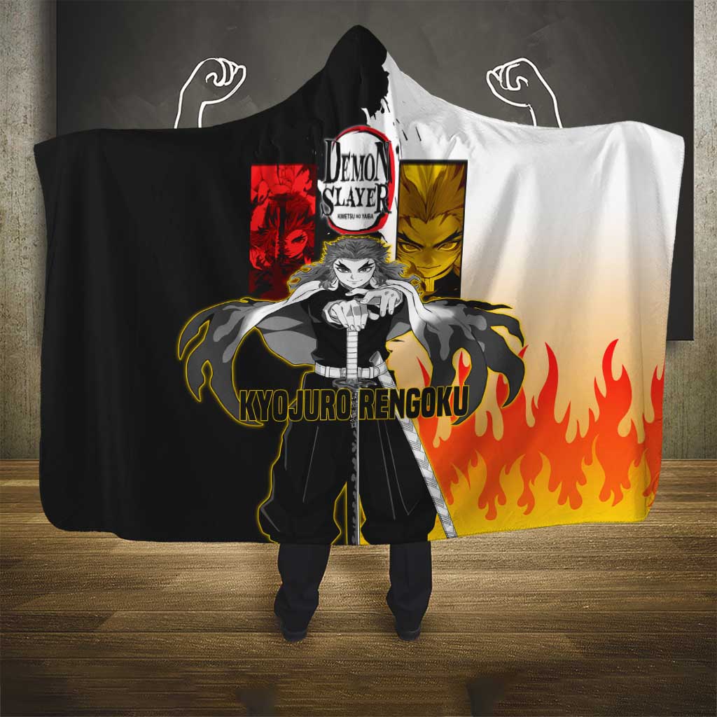 Kyojuro Rengoku from Demon Slayer Hooded Blanket with Black and White Split Design and Fiery Manga Panel Background - The Mazicc