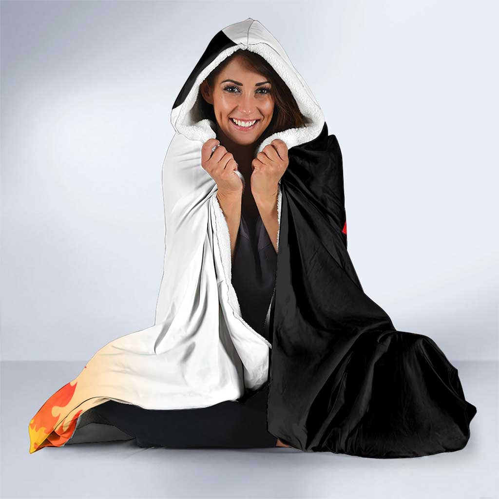 Kyojuro Rengoku from Demon Slayer Hooded Blanket with Black and White Split Design and Fiery Manga Panel Background - The Mazicc