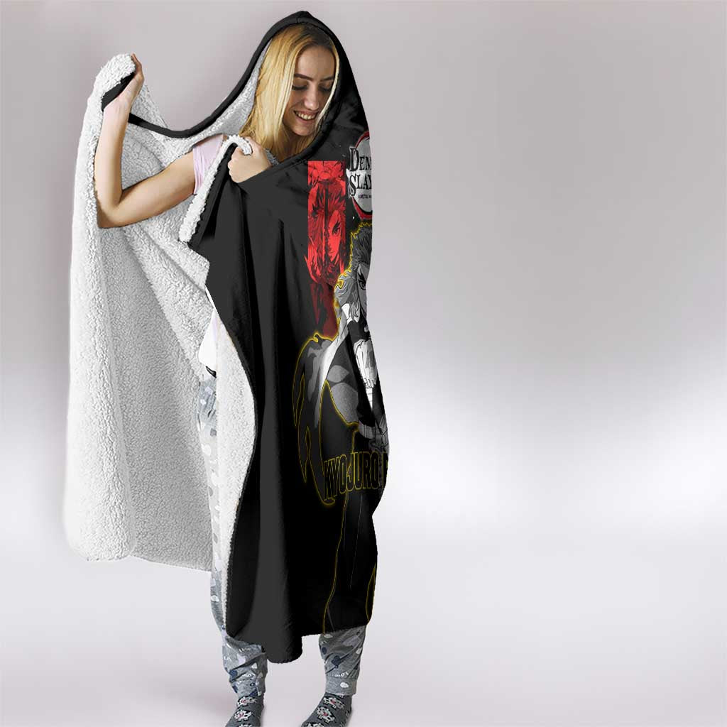 Kyojuro Rengoku from Demon Slayer Hooded Blanket with Black and White Split Design and Fiery Manga Panel Background - The Mazicc