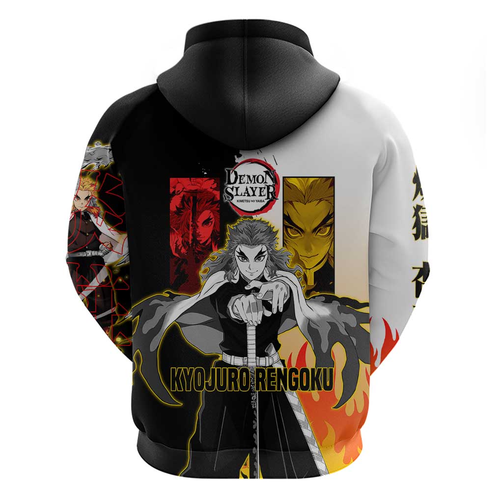Kyojuro Rengoku from Demon Slayer Hoodie with Black and White Split Design and Fiery Manga Panel Background - The Mazicc