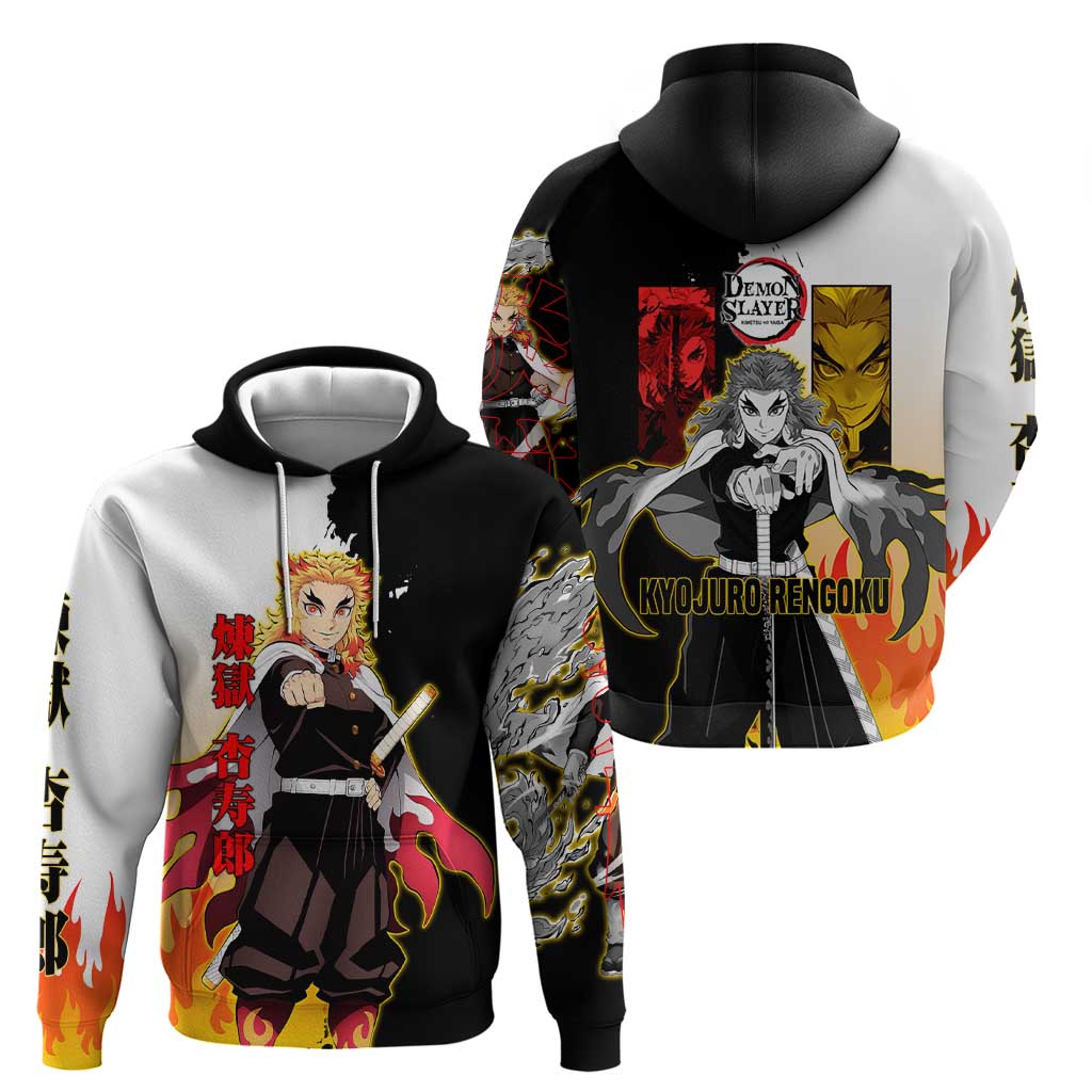 Kyojuro Rengoku from Demon Slayer Hoodie with Black and White Split Design and Fiery Manga Panel Background - The Mazicc