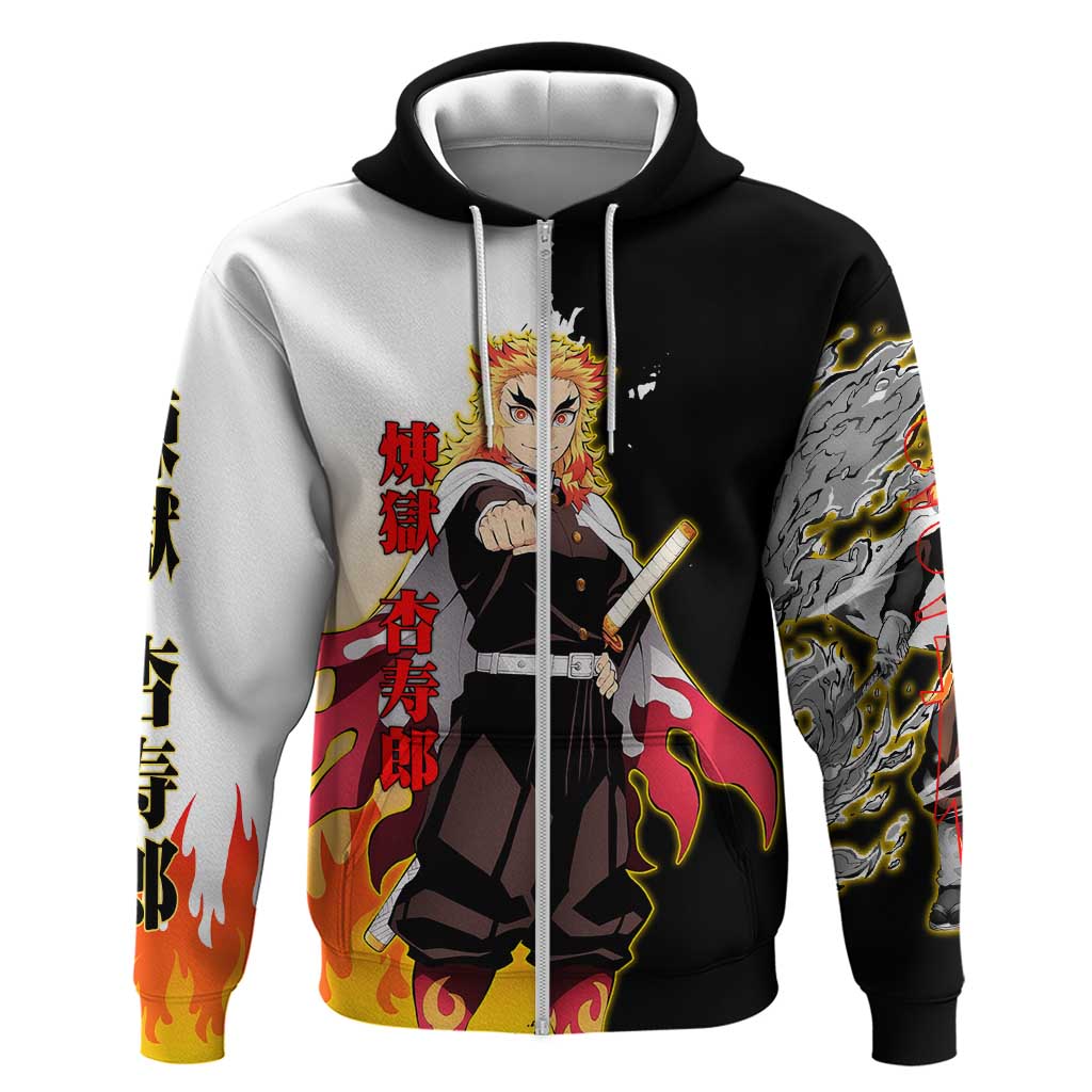 Kyojuro Rengoku from Demon Slayer Hoodie with Black and White Split Design and Fiery Manga Panel Background - The Mazicc