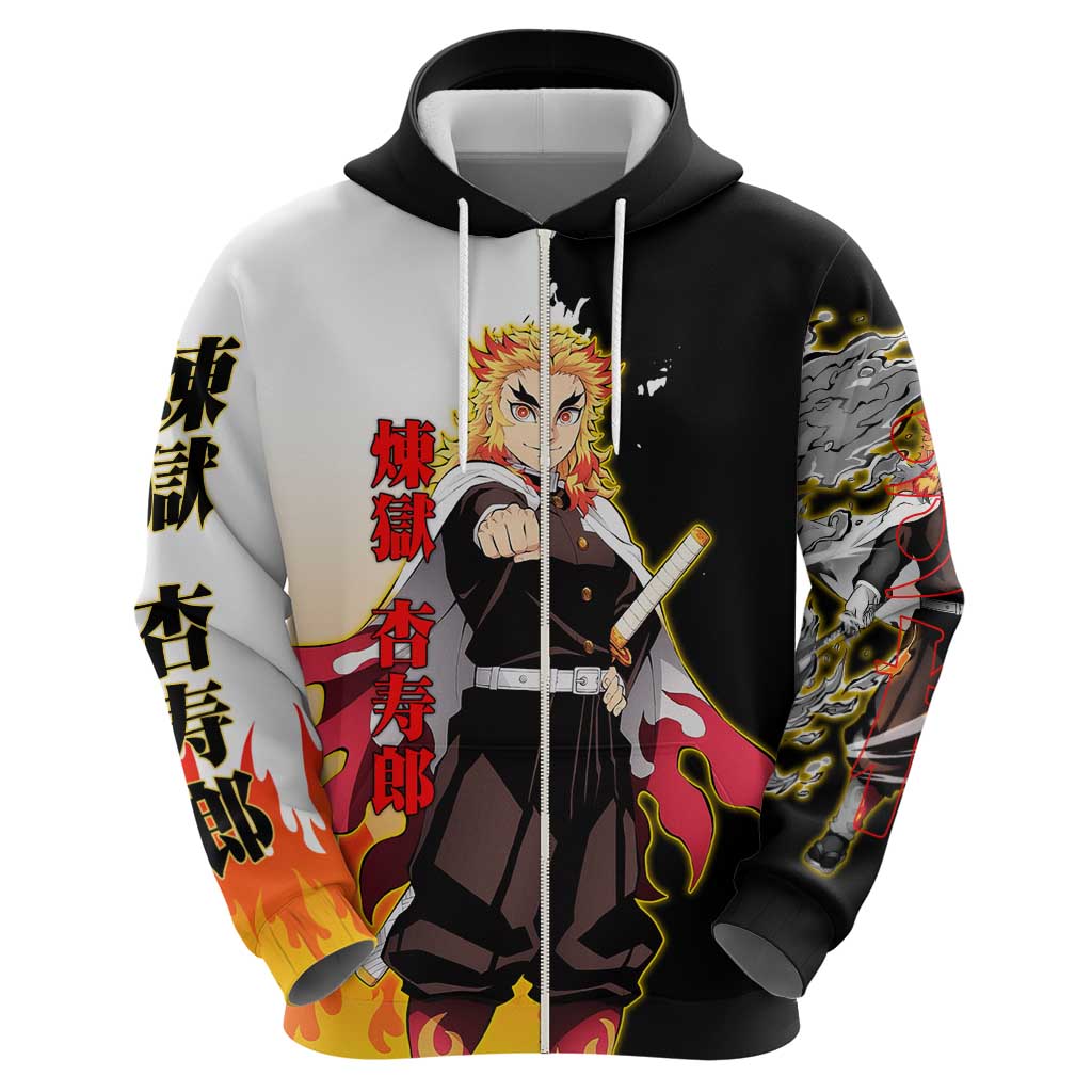 Kyojuro Rengoku from Demon Slayer Hoodie with Black and White Split Design and Fiery Manga Panel Background - The Mazicc