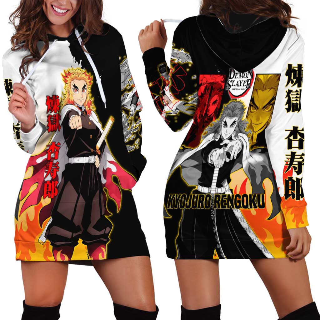 Kyojuro Rengoku from Demon Slayer Hoodie Dress with Black and White Split Design and Fiery Manga Panel Background - The Mazicc