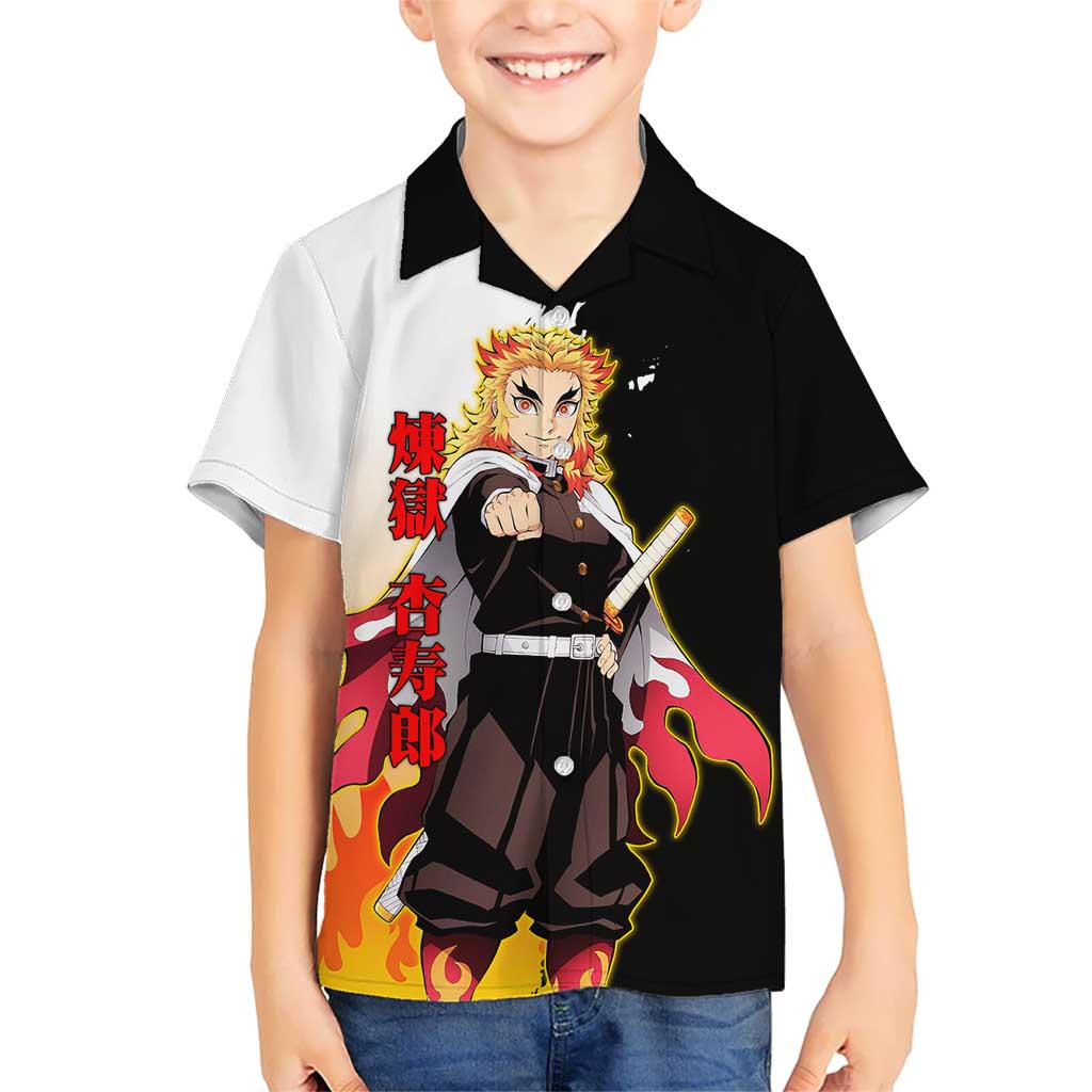 Kyojuro Rengoku from Demon Slayer Kid Hawaiian Shirt with Black and White Split Design and Fiery Manga Panel Background - The Mazicc