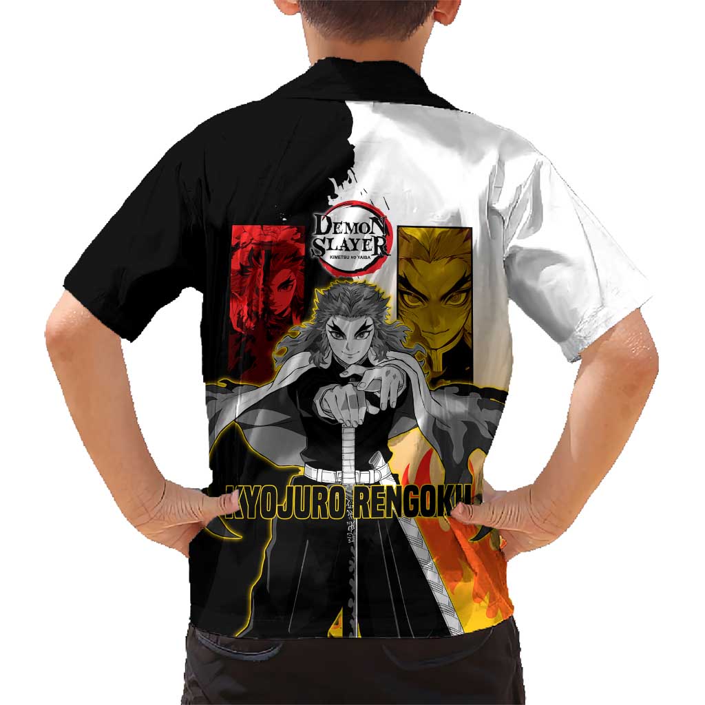 Kyojuro Rengoku from Demon Slayer Kid Hawaiian Shirt with Black and White Split Design and Fiery Manga Panel Background - The Mazicc