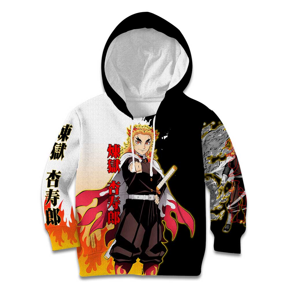 Kyojuro Rengoku from Demon Slayer Kid Hoodie with Black and White Split Design and Fiery Manga Panel Background - The Mazicc