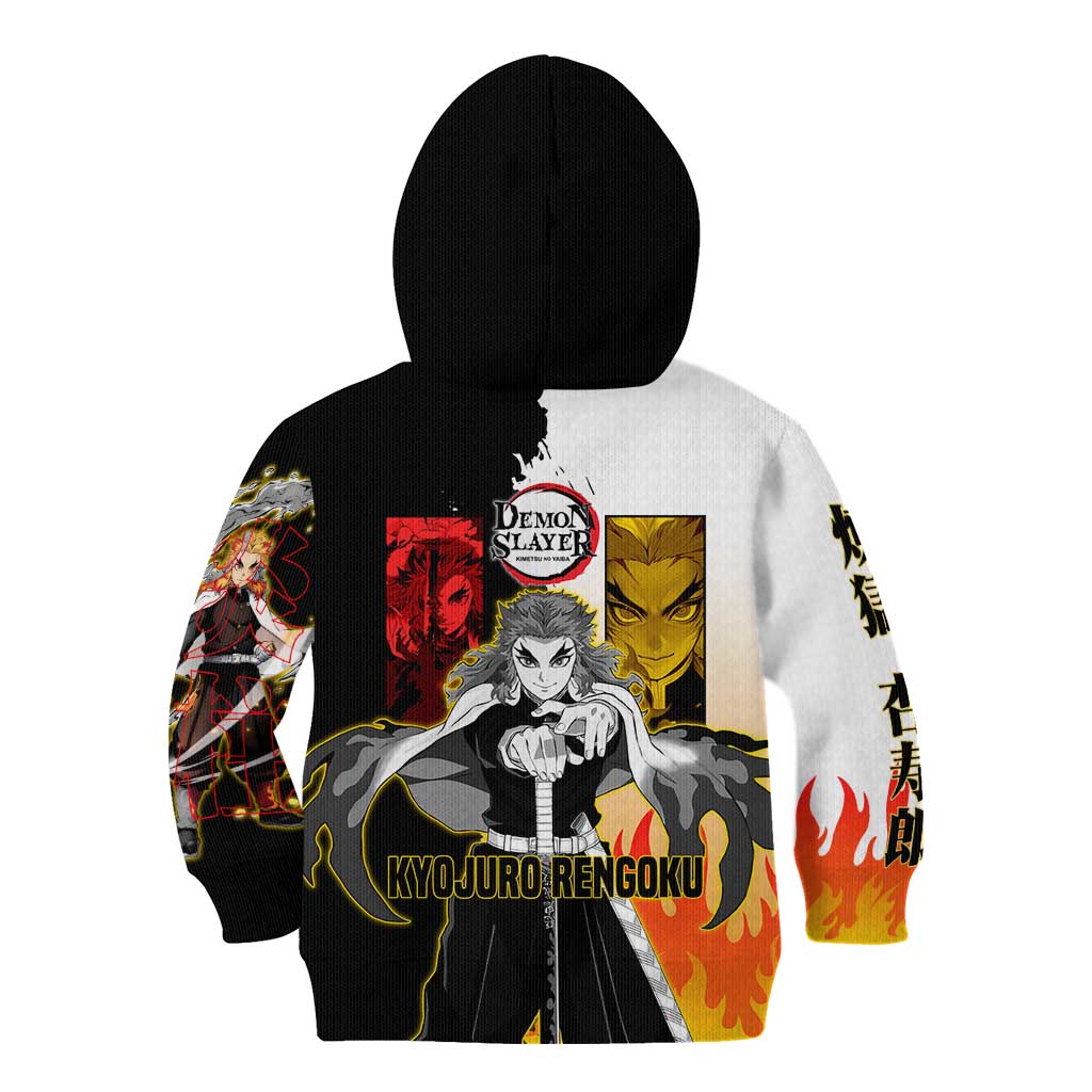 Kyojuro Rengoku from Demon Slayer Kid Hoodie with Black and White Split Design and Fiery Manga Panel Background - The Mazicc