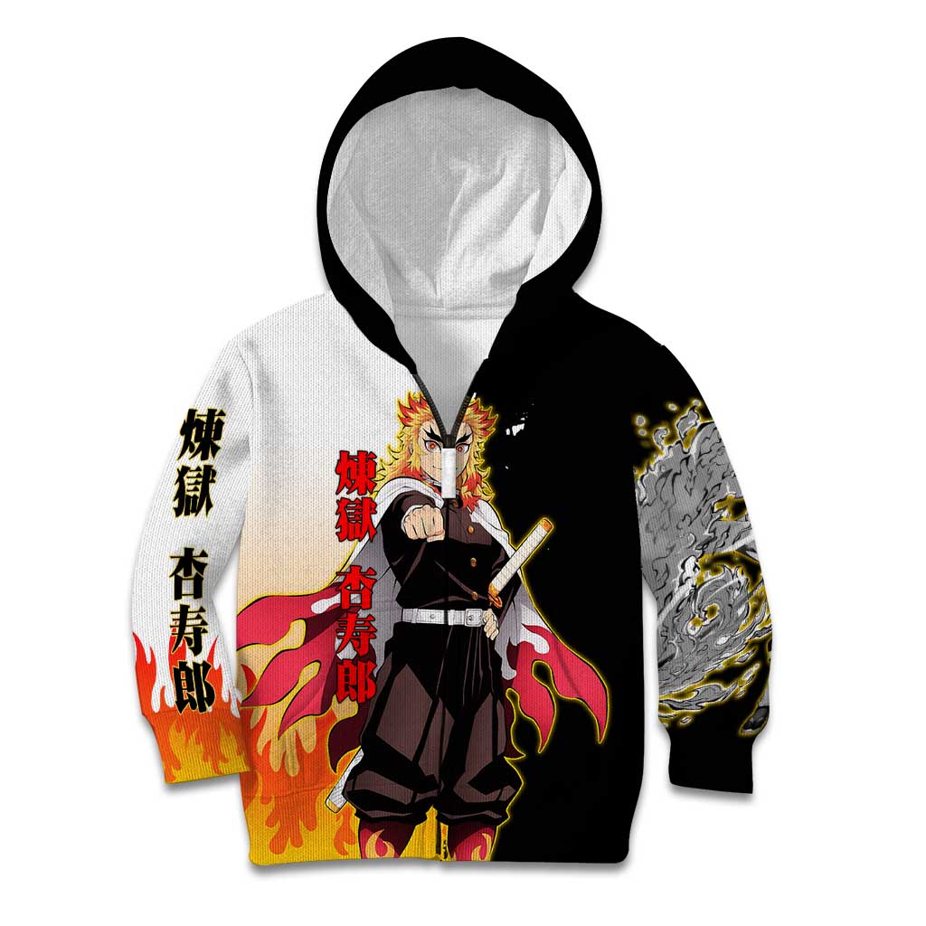 Kyojuro Rengoku from Demon Slayer Kid Hoodie with Black and White Split Design and Fiery Manga Panel Background - The Mazicc
