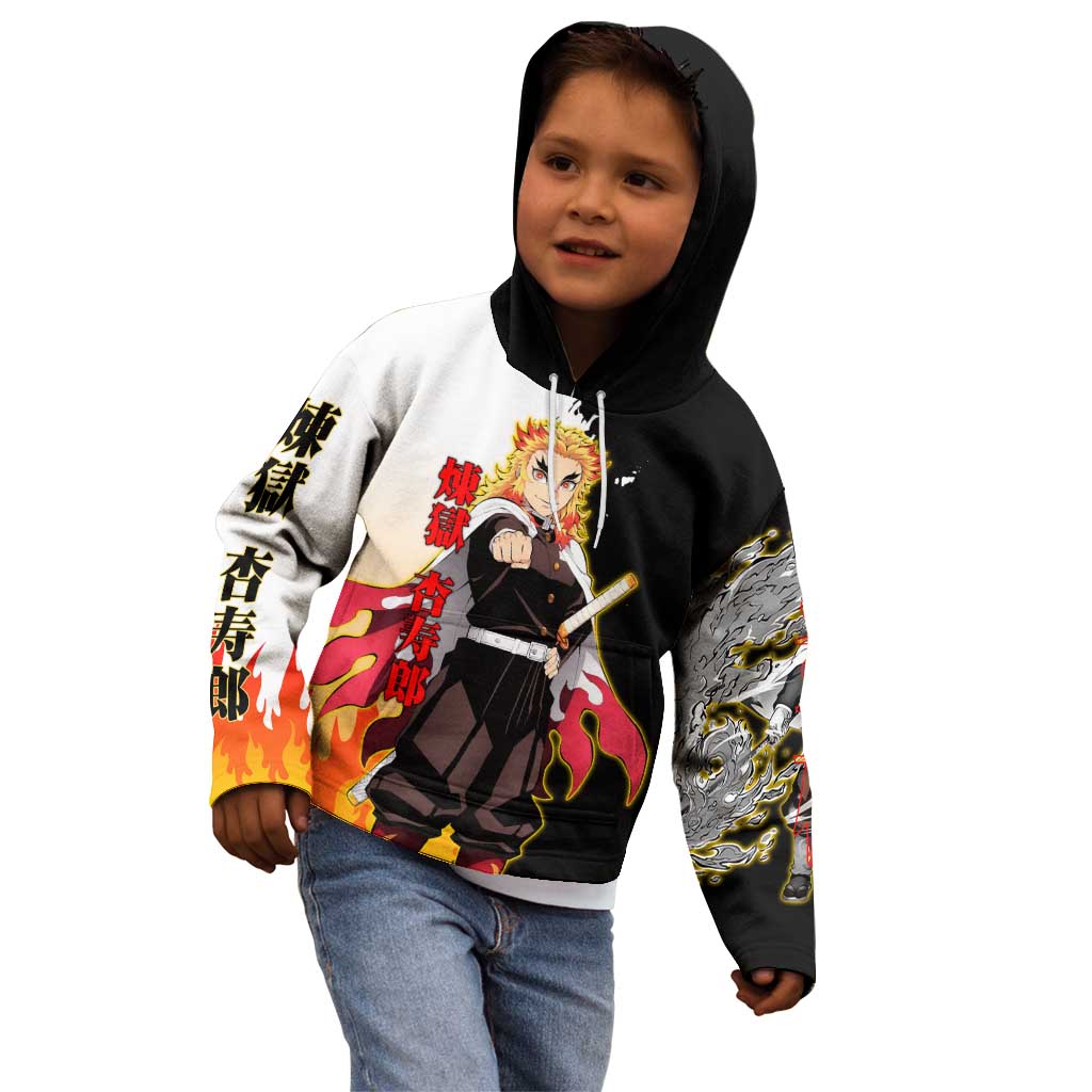 Kyojuro Rengoku from Demon Slayer Kid Hoodie with Black and White Split Design and Fiery Manga Panel Background - The Mazicc