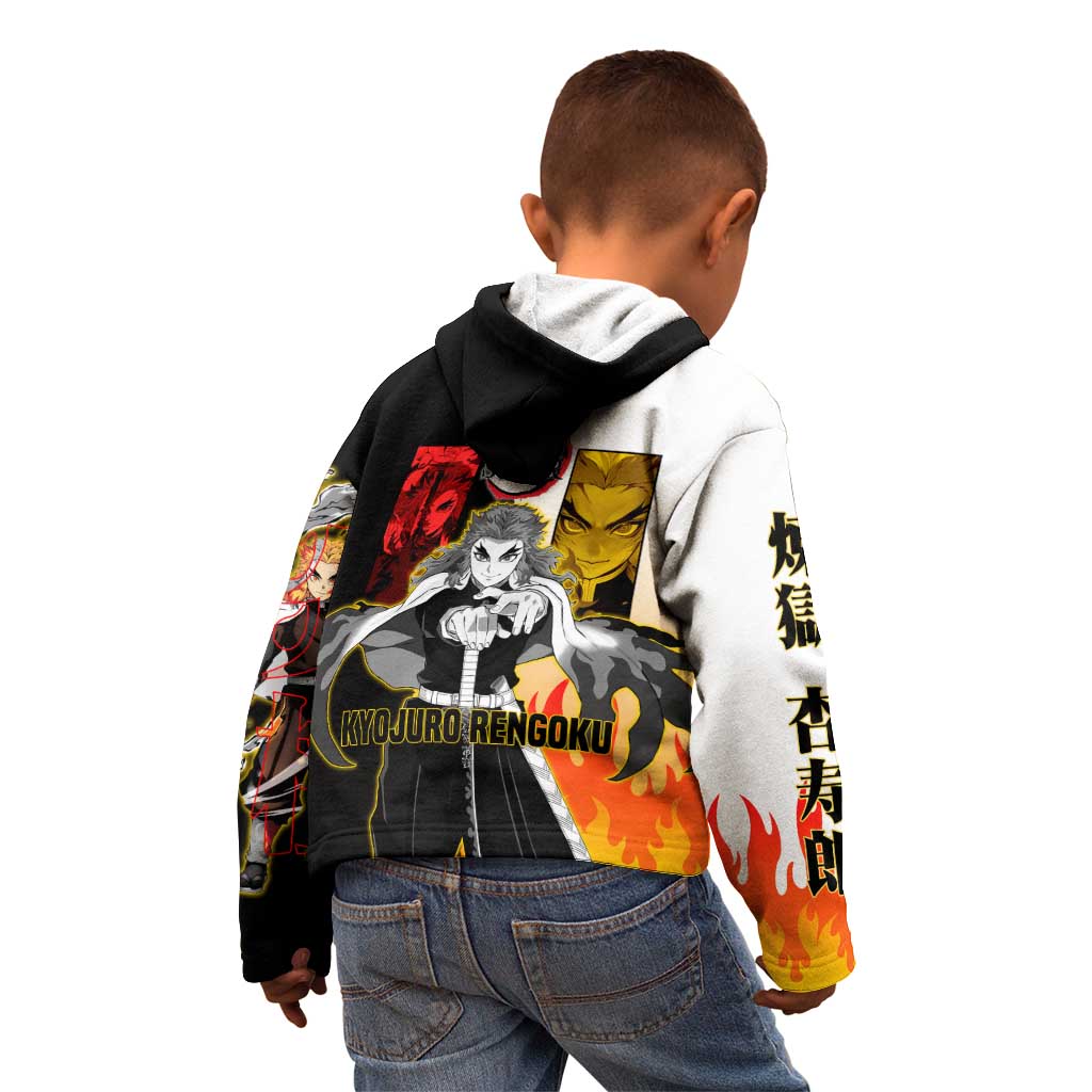 Kyojuro Rengoku from Demon Slayer Kid Hoodie with Black and White Split Design and Fiery Manga Panel Background - The Mazicc