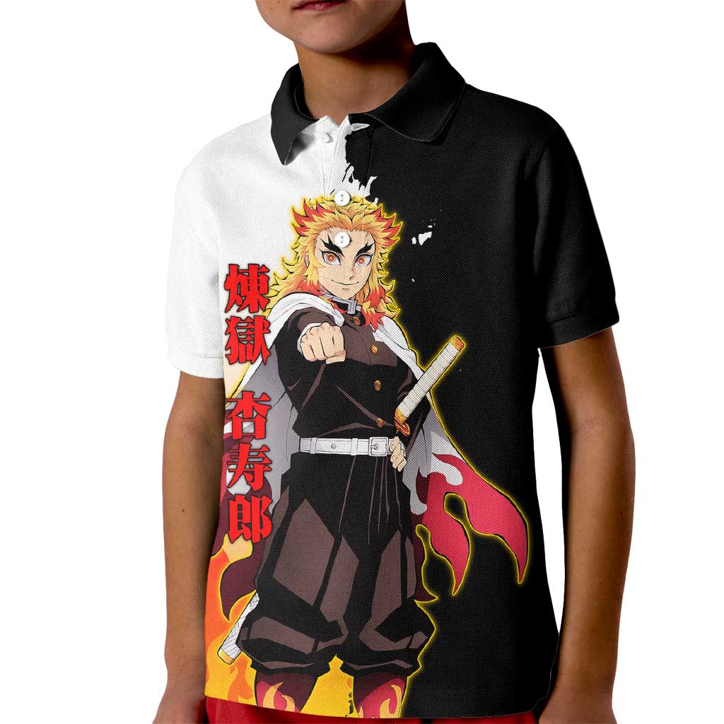 Kyojuro Rengoku from Demon Slayer Kid Polo Shirt with Black and White Split Design and Fiery Manga Panel Background - The Mazicc
