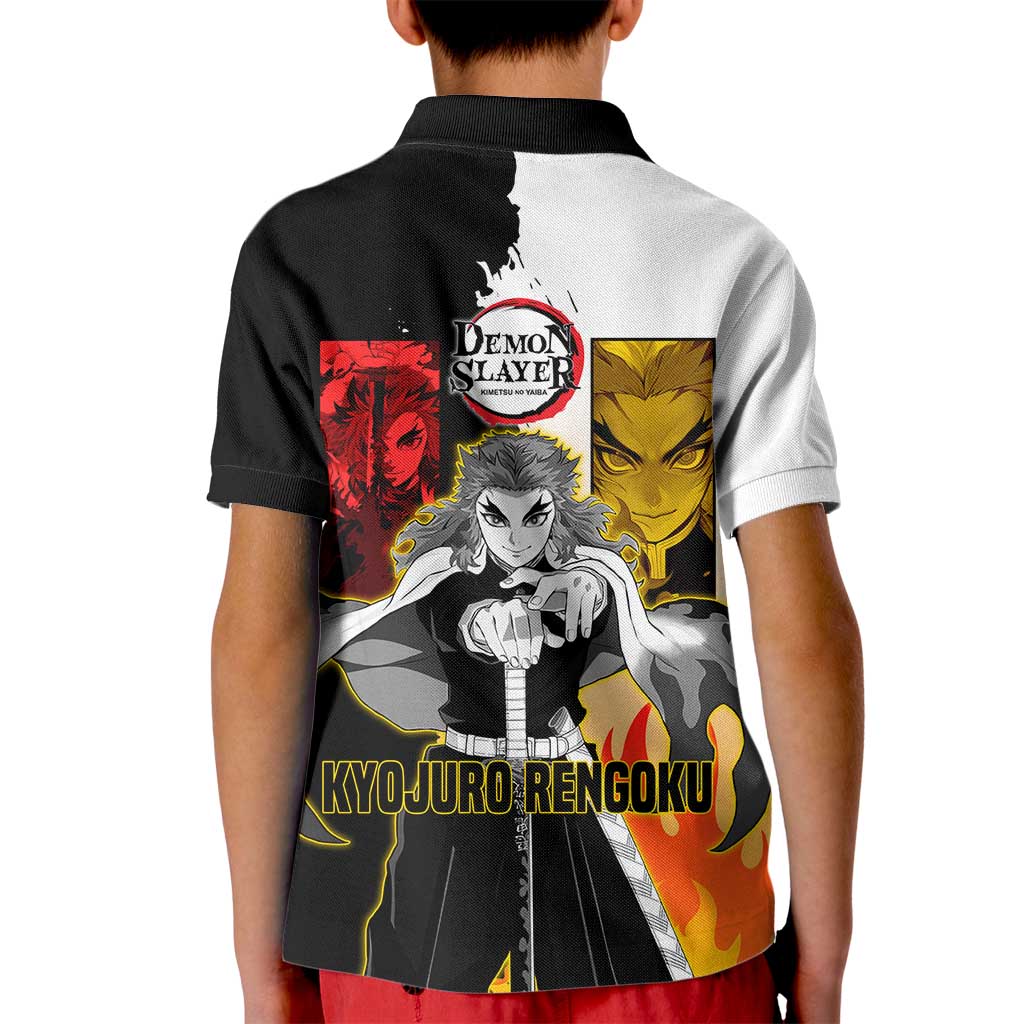 Kyojuro Rengoku from Demon Slayer Kid Polo Shirt with Black and White Split Design and Fiery Manga Panel Background - The Mazicc