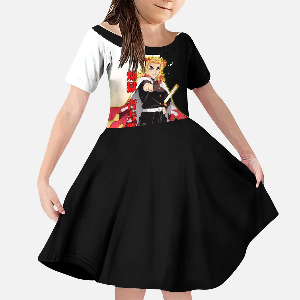 Kyojuro Rengoku from Demon Slayer Kid Short Sleeve Dress with Black and White Split Design and Fiery Manga Panel Background - The Mazicc