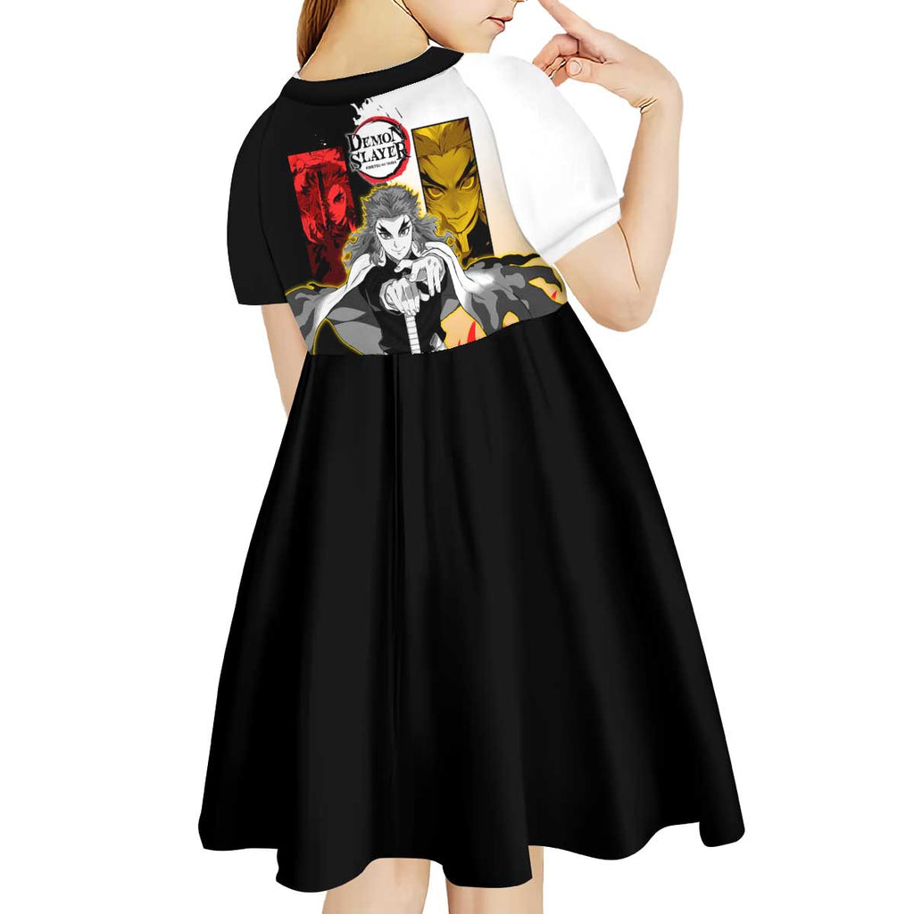 Kyojuro Rengoku from Demon Slayer Kid Short Sleeve Dress with Black and White Split Design and Fiery Manga Panel Background - The Mazicc