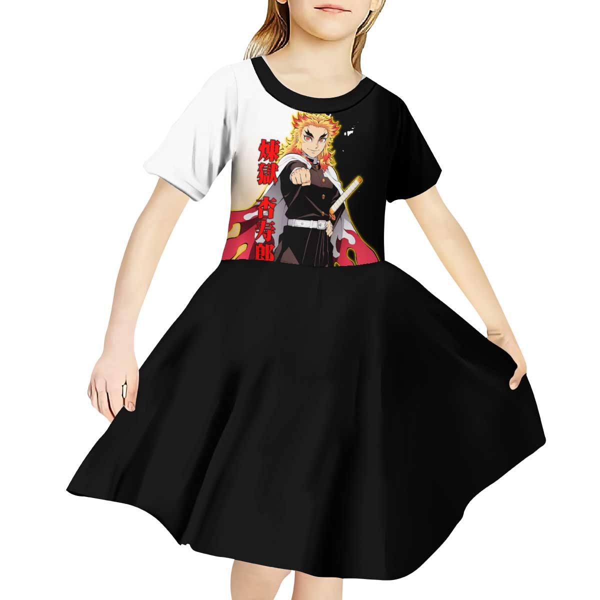 Kyojuro Rengoku from Demon Slayer Kid Short Sleeve Dress with Black and White Split Design and Fiery Manga Panel Background - The Mazicc