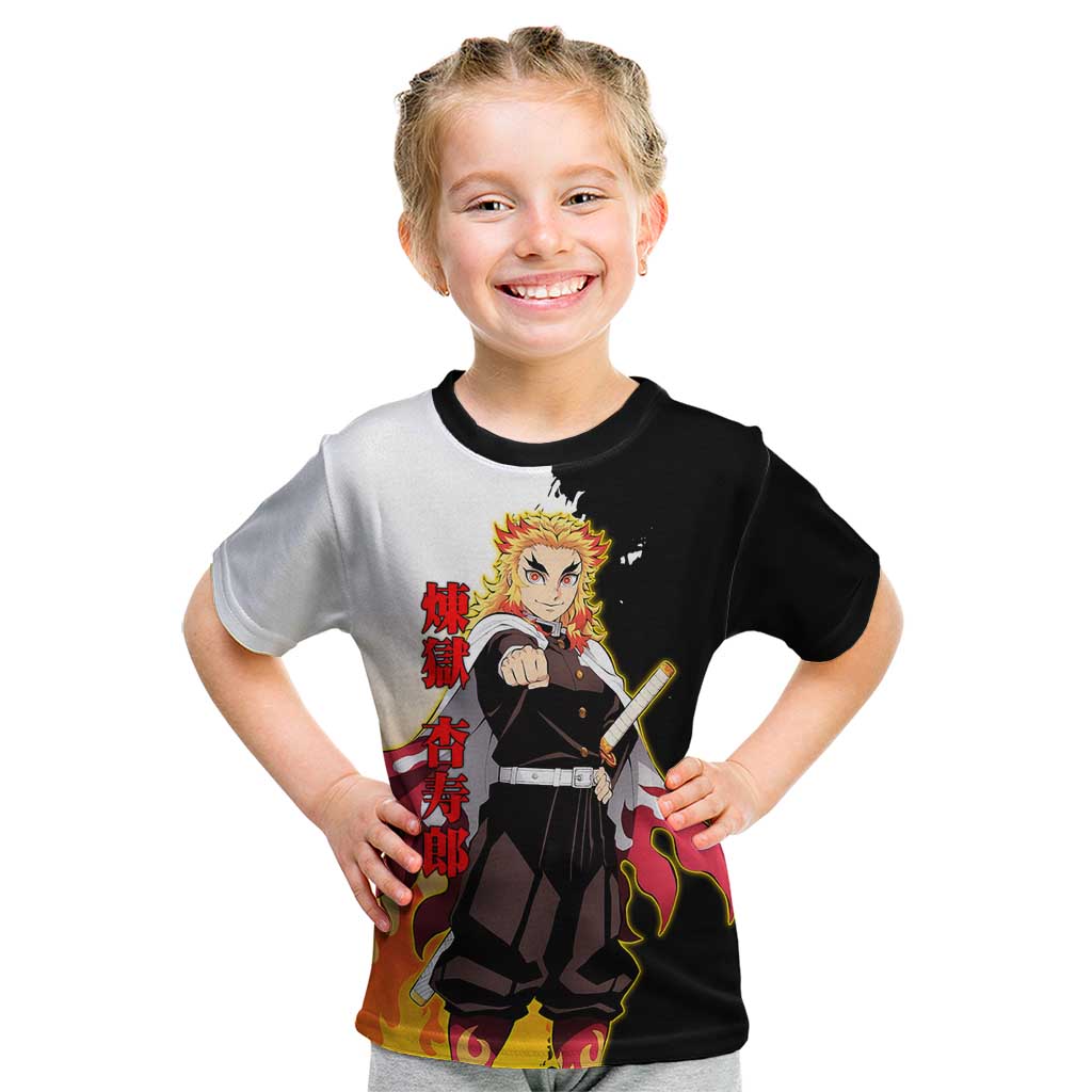 Kyojuro Rengoku from Demon Slayer Kid T Shirt with Black and White Split Design and Fiery Manga Panel Background - The Mazicc