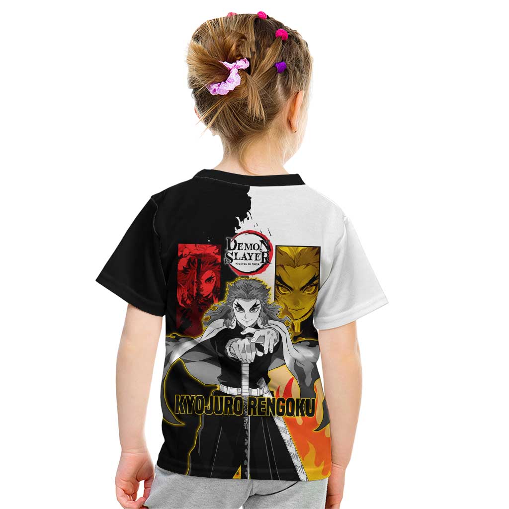 Kyojuro Rengoku from Demon Slayer Kid T Shirt with Black and White Split Design and Fiery Manga Panel Background - The Mazicc