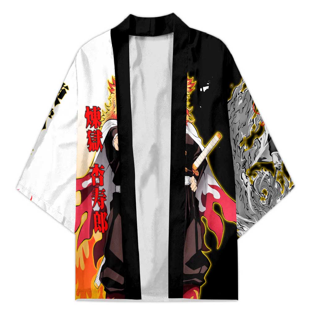 Kyojuro Rengoku from Demon Slayer Kimono with Black and White Split Design and Fiery Manga Panel Background - The Mazicc