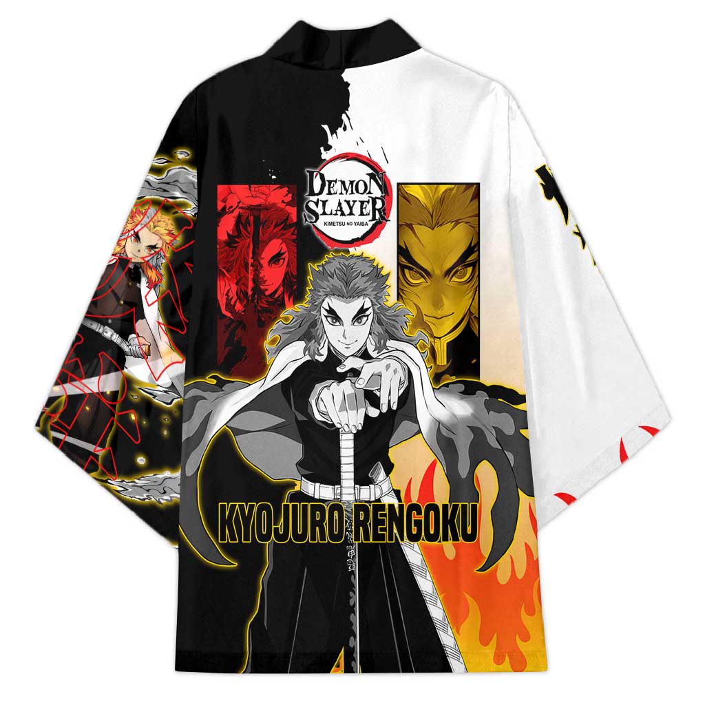 Kyojuro Rengoku from Demon Slayer Kimono with Black and White Split Design and Fiery Manga Panel Background - The Mazicc